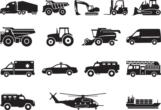 Heavy machinery and vehicle icons set, black silhouette transport vectors, industrial construction and emergency vehicle collection