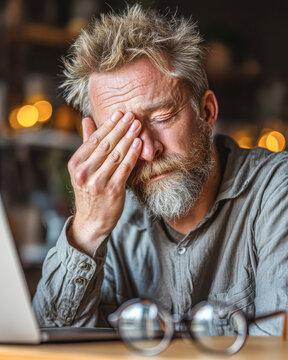 A bearded man with disheveled hair sits at a laptop, covering one eye with his hand, appearing stressed or tired.
