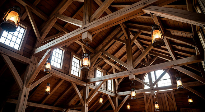 Rustic barn interior with wooden beams and warm hanging lantern lights