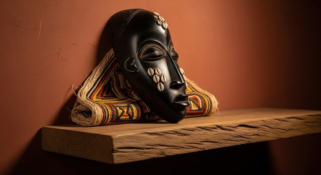Traditional African wooden mask decorated with cowrie shells on a rustic shelf with a rug