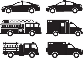 Fototapeta premium Vehicle icons, emergency response vehicles, transportation symbols, black silhouette graphics