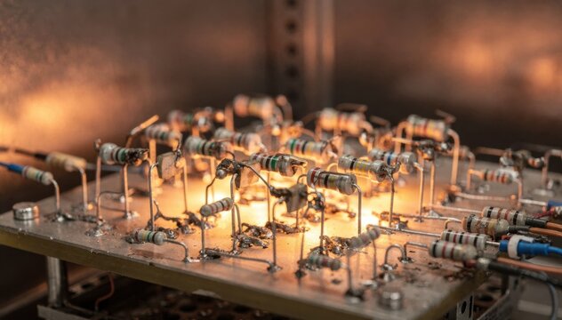 Closeup of resistors undergoing accelerated stress testing in a thermal chamber analyzing reliability through temperature and electrical load variations.