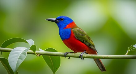 Fototapeta premium Vibrant painted bunting perched on a branch against green foliage