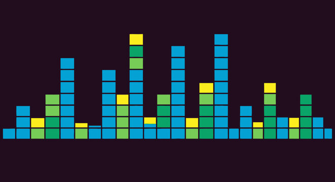 A digital representation of an audio equalizer or bar graph with stacked blue, green, and yellow squares on a dark background, illustrating data or sound levels.
