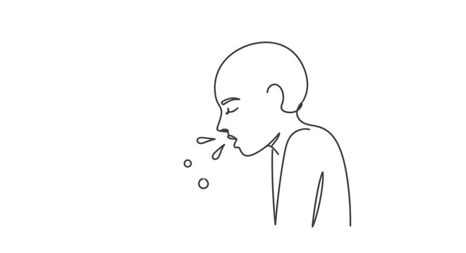 A simple line drawing depicts a person sneezing or coughing, with visible droplets expelled from their mouth and nose, illustrating a common symptom of illness or allergy.