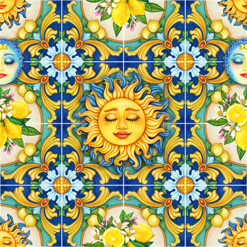 watercolor hand drawn mediterranean pattern with lemons moon and sun