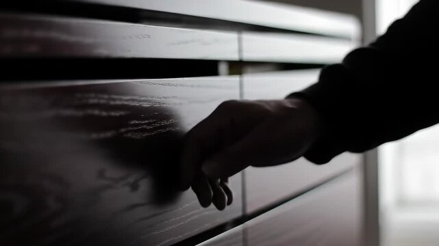 Silhouetted Hand Gently Opening Dark Wooden Drawer in a Dimly Lit Room.