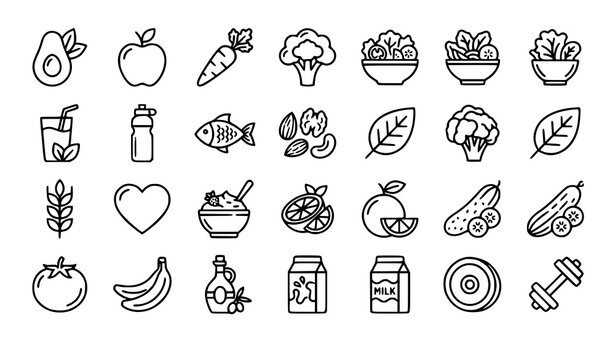 Premium healthy food outline icon pack with modern line pictograms for web and UI design