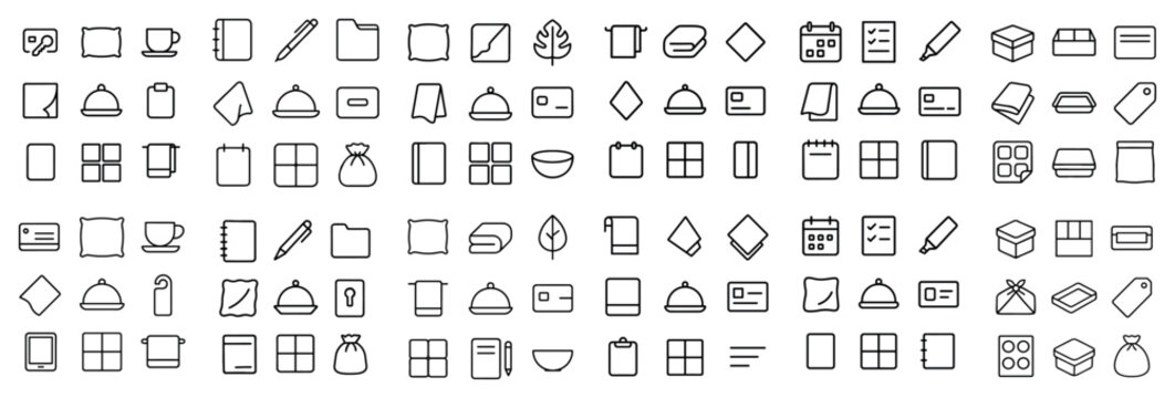 hospitality and office design icons with pillow, coffee cup and folder for presentation design in minimal outline style