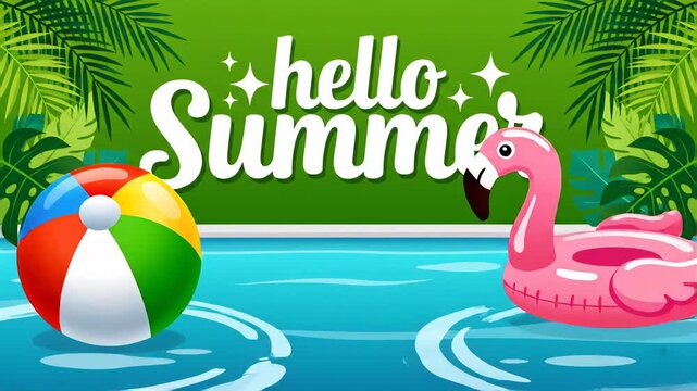 Vibrant green backdrop with lush leaves, a beach ball, and a pink flamingo float on water