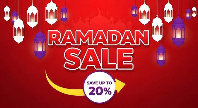 Ramadan Sale promotional banner with festive lanterns and a compelling discount offer