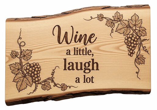 Pyrography wood burning art of wine a little laugh a lot quote sign on wooden slab with grape