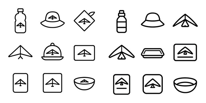 Travel and outdoor vector icons with bottle, hat and hang glider for mobile app design in outline style