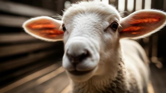 Close-up of a cute baby lamb in a wooden enclosure with sunlight streaming in.