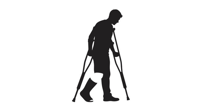 man on crutches silhouette against white background