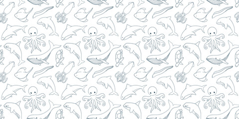 Seamless pattern in line art style with humpback whale, shark, stingray, octopus, turtle, muraena and killer whale swimming in the ocean. Background for summer and sea package design. © Iryna