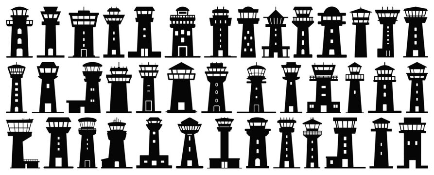 Airport Air Traffic Control Tower Silhouette Set Vector Collection Isolated Black Watchtower Architecture Icons