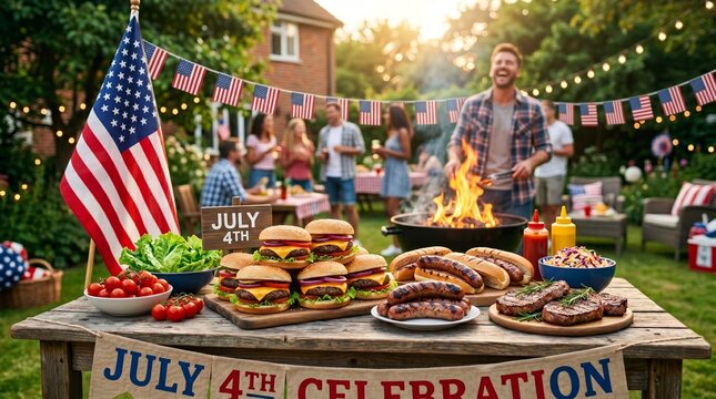 People celebrating 4th of july with burgers and hot dogs at a backyard barbecue party