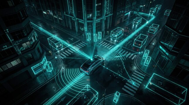 Futuristic Autonomous Driving Highway: A sleek, futuristic car navigates a bustling city intersection.