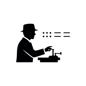 Man sending Morse code with a telegraph machine.