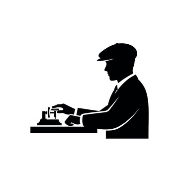 Silhouette of a man operating a telegraph machine.