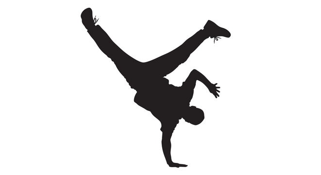 breakdancer silhouette performing handstand on white background