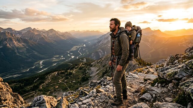 Father's Day hike with sons on mountain peak at sunset