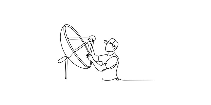 Man in cap adjusting satellite dish Vector, illustration