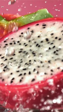 Drops of water fall on a tropical dragon fruit. Filmed on a high-speed camera at 1000 fps. High quality FullHD footage