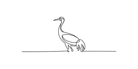 Fototapeta premium One Line Drawing of a Crane Bird Standing on a White Background