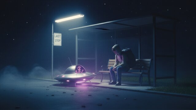 Man sitting on bench at bus stop at night next to alien in hovering ufo. Science fiction scene showing extraterrestrial contact and night travel. Cinematic mystical encounter concept.