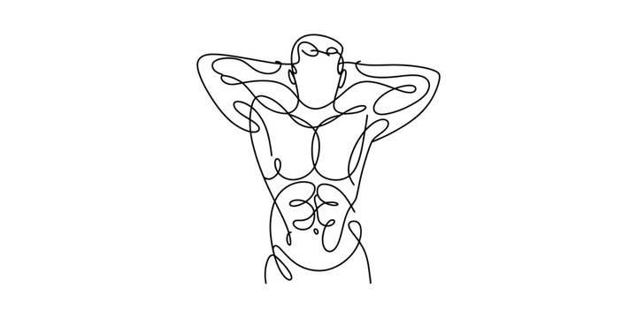 Continuous line drawing of a muscular male torso with hands behind head, isolated on white background