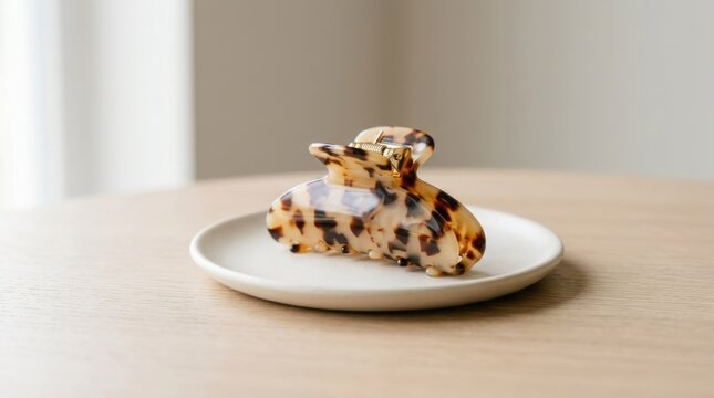 A single hair clip with a tortoiseshell pattern on a white plate.