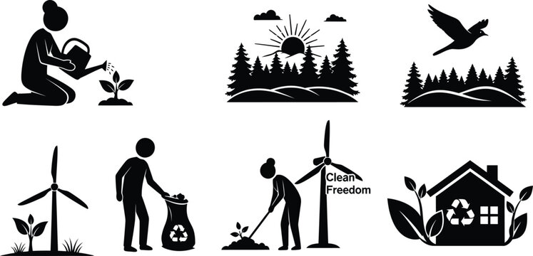 Eco green environment conservation icon set with alternative wind turbine energy recycling and reforestation silhouettes