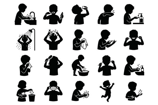 hygiene kid silhouettes isolated on white background showing children daily care routines and healthy habits