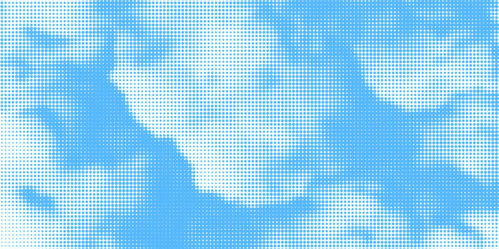 Halftone cloud background. White dotted clouds in blue sky. Comic pop art heaven wallpaper for banner  collage  poster  leaflet  brochure. Rasterized smoke  smog or fog texture. Vector ilustration