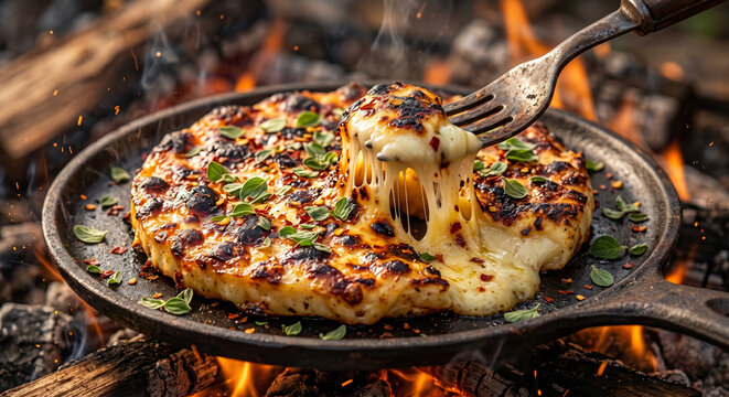 Grilled Argentinian Provoleta Cheese Bubbly Charred 8K Macro Realistic Food