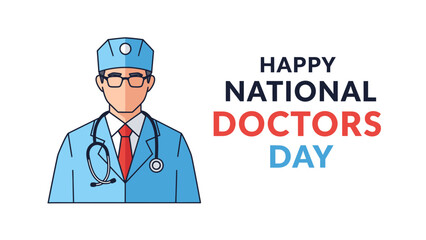 Fototapeta premium Male Doctor Character Vector Illustration with Happy National Doctors Day Text and Copy Space for Design and Social Media