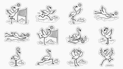 Obraz premium Cute Flamingo Playing Beach Volleyball Sticker Set Cartoon Bird Summer Sports Training Activities Line Art Illustration