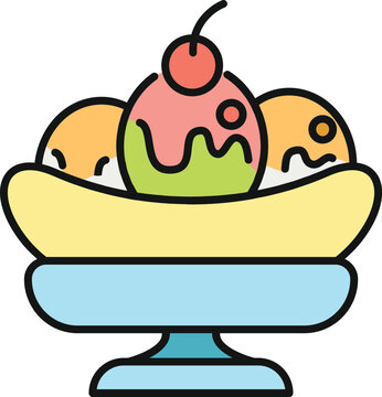 Colorful banana split ice cream with spoonful of cherry in a serving bowl