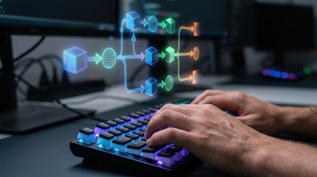 Coding Process Visualization: A close-up of hands typing on a colorful, illuminated keyboard, with a holographic flowchart overlaying the scene, illustrating a complex coding process.