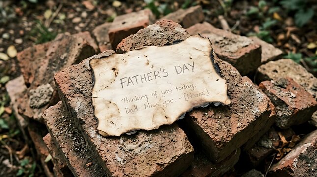 Father's day card on old brick pile outdoors