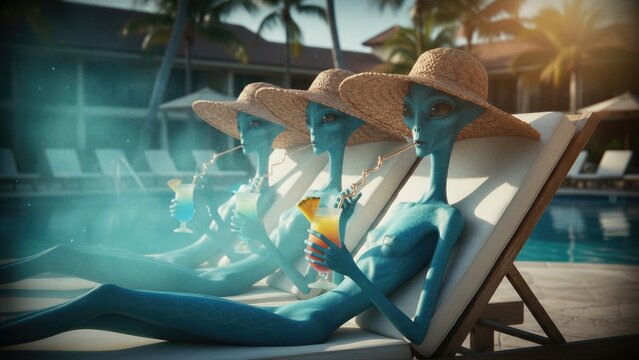 Three blue aliens wearing straw hats relaxing on lounge chairs by a swimming pool. Extraterrestrial entities drinking tropical cocktails at a luxury resort. Science fiction fantasy vacation.