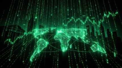 Obraz premium Global Finance and Data Flow: A digital representation of the world map glows with financial data, overlaid with stock market charts and cascading binary code.