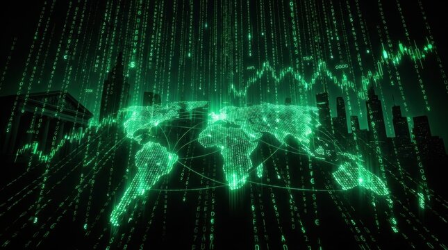 Global Finance and Data Flow: A digital representation of the world map glows with financial data, overlaid with stock market charts and cascading binary code.
