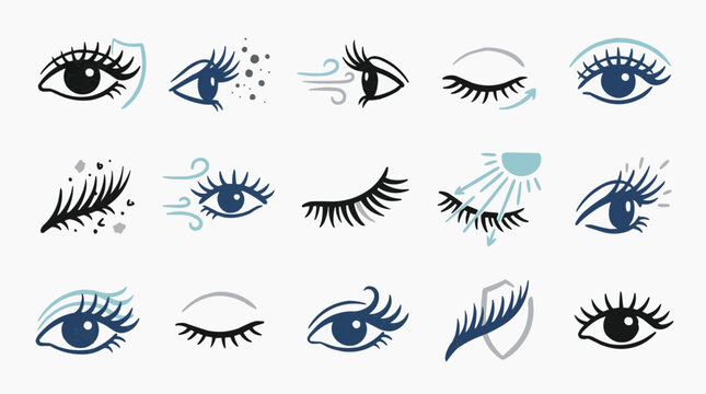 Eyelash and eye vector icons set showing protection against wind sun ultraviolet rays and cosmetic applications on white background