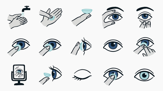 Contact lens application instructions icon set showing eye care hygiene steps and insertion guide