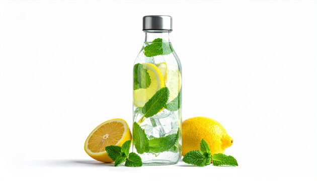 Clean infused water bottle with lemon, mint, and ice on white. Ample right copy space for hydration branding, spa menu design, and low-calorie drink advertising.