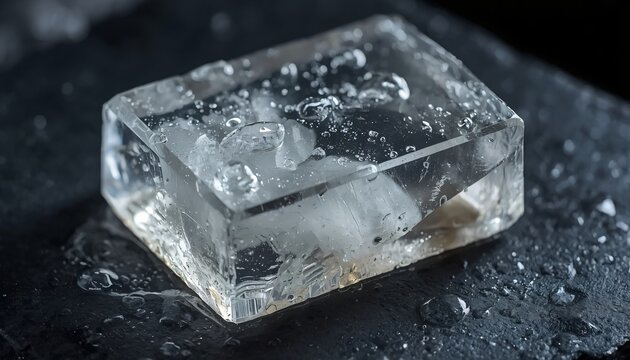 Translucent Raw Fitkari Alum Block with Water Droplets on Slate