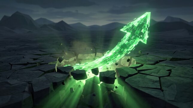 Growth Spurt: A vibrant green arrow, representing growth and progress, emerges from cracked earth, symbolizing overcoming obstacles and achieving new heights.